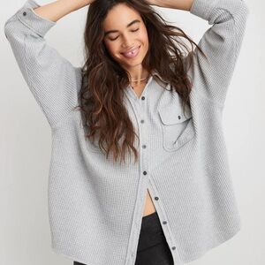Aerie Womens LumberJane Waffle Shirt Medium Heather Gray Shacket Large